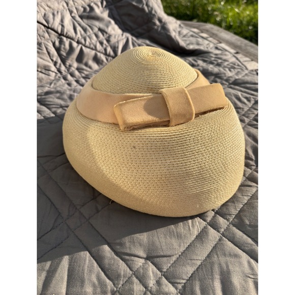 Mid-Century Vintage Pillbox Hat Henry Ross M Straw Velvet Ribbon Warm Tan Pinup main image 8
